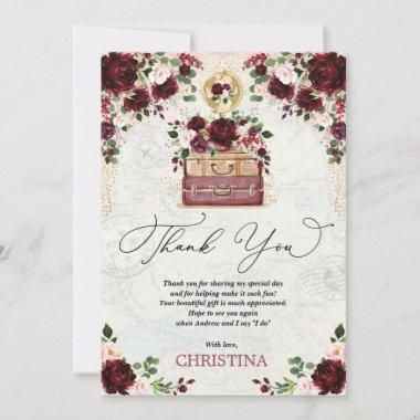 Vintage Travel Bridal Shower Burgundy Blush Floral Thank You Invitations