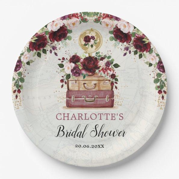 Vintage Travel Burgundy Blush Floral Bridal Shower Paper Plates
