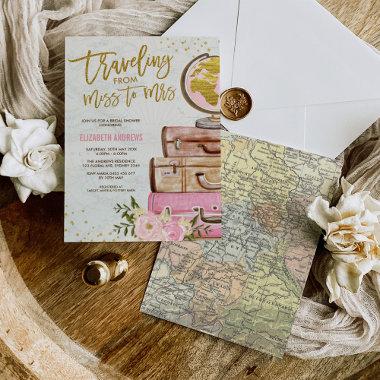 Vintage Travel Map Bridal Shower Pink Gold Floral Invitations
