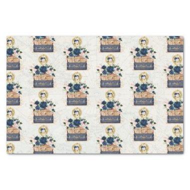 Vintage Travel Navy Blue Blush Flower Decoupage Tissue Paper