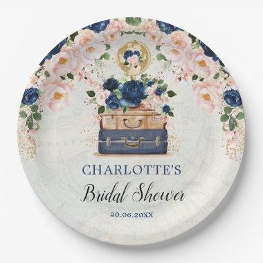 Vintage Travel Suitcase Navy Blush  Paper Plates