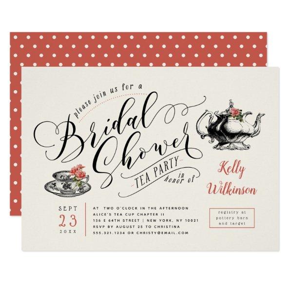 Vintage Typography | Cream Bridal Shower Tea Party Invitations