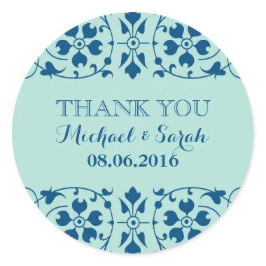 Vintage Victorian Floral Thank You Sticker in Blue