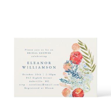 Vintage Watercolor Blue Red Floral Bridal Shower Invitations