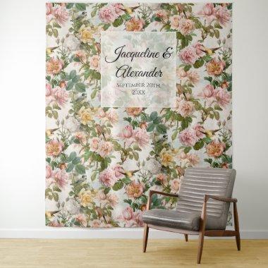 Vintage Watercolor Floral Pink Yellow Wood Wedding Tapestry