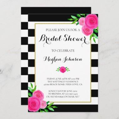 Vintage Watercolor Floral Stripes Bridal Shower Invitations