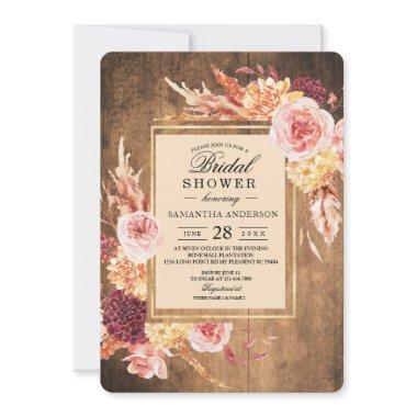 Vintage Watercolor Flowers Gold Frame With Wood Invitations