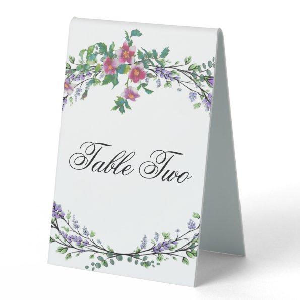 Vintage watercolor pink roses lavender eucalyptus table tent sign
