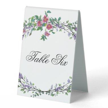 Vintage watercolor pink roses lavender eucalyptus table tent sign