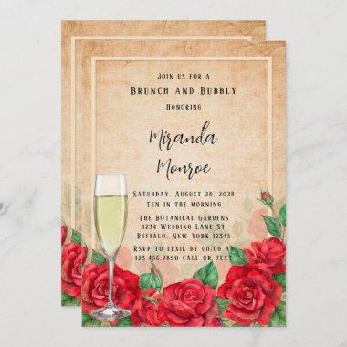 Vintage Watercolor Red Roses Brunch and Bubbly Invitations
