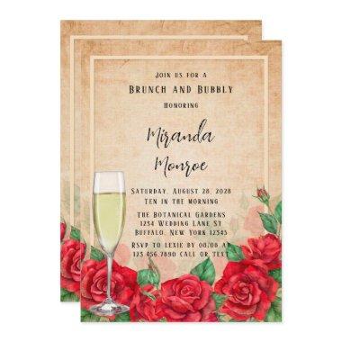 Vintage Watercolor Red Roses Brunch and Bubbly Invitations