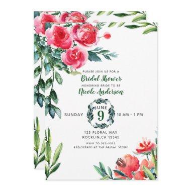 Vintage Watercolor Rustic Poppy Red Floral Leaves Invitations