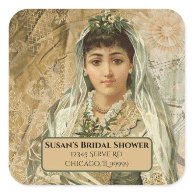 Vintage Wedding Day Bride in Veil and White Gloves Square Sticker