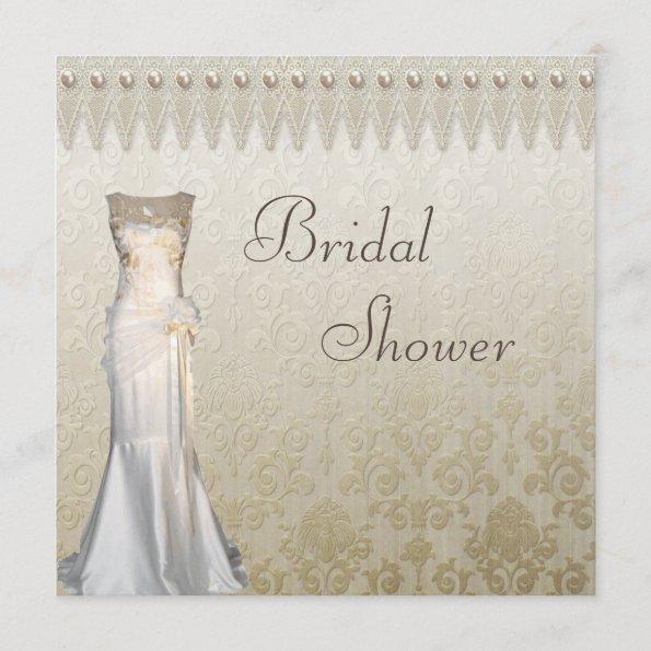 Vintage Wedding Gown Pearls Lace Bridal Shower Invitations
