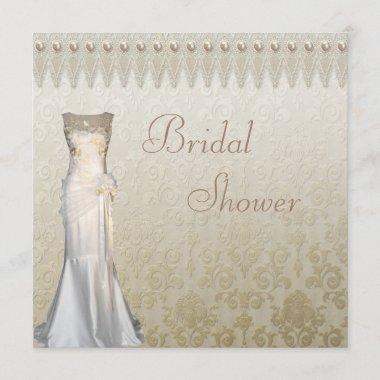 Vintage Wedding Gown Pearls & Lace Bridal Shower Invitations