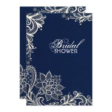 vintage white lace pattern navy blue bridal shower Invitations