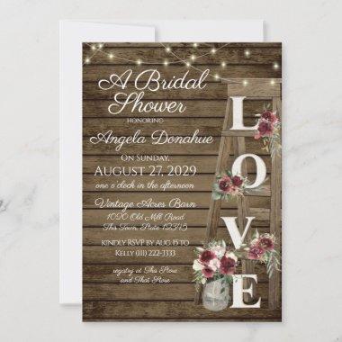 Vintage Wood burgundy Floral Ladder Bridal Shower Invitations