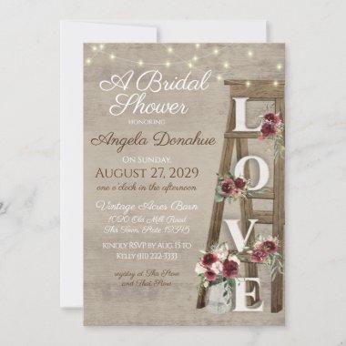 Vintage Wood burgundy Floral Ladder Bridal Shower Invitations