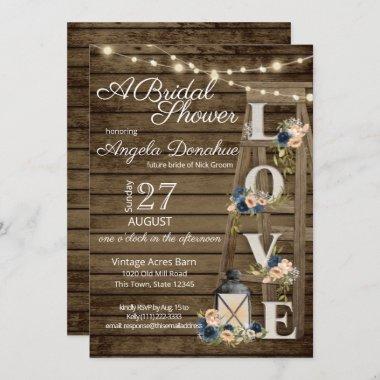 Vintage Wood Ladder and Navy Blue Floral Bridal Invitations
