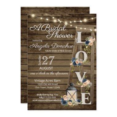 Vintage Wood Ladder and Navy Blue Floral Bridal Invitations