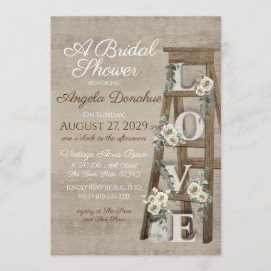 Vintage Wood Ladder and Roses Bridal Shower Invitations