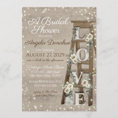 Vintage Wood Ladder and Roses Sparkle Bridal Invitations
