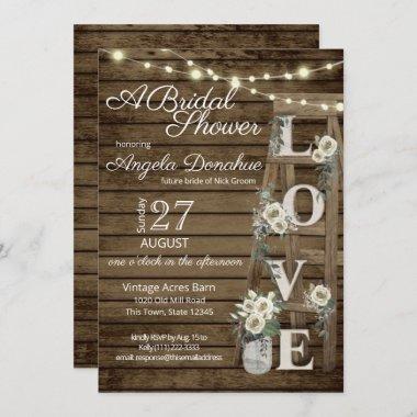 Vintage Wood Ladder and White Roses Bridal Shower Invitations
