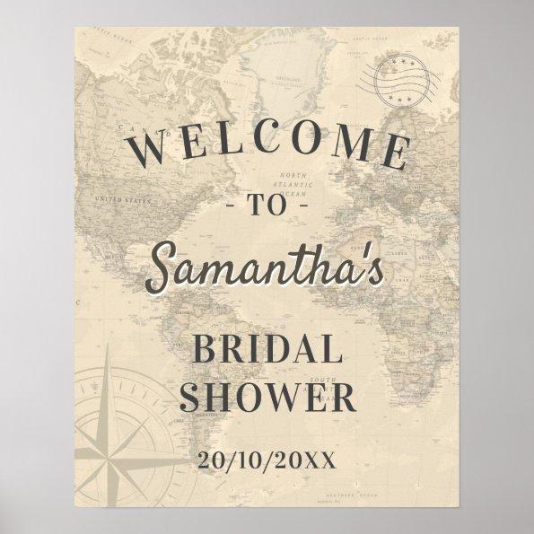 Vintage World Travel Map Bridal Shower Welcome Poster
