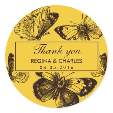 Vintage Yellow Butterfly Wedding Thank You Sticker