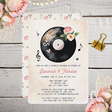 Vinyl Record Floral Watercolor Couples Shower Invitations