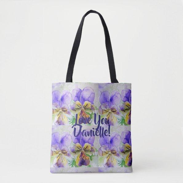 Viola Watercolor Flowers Floral Love You Tote Bag