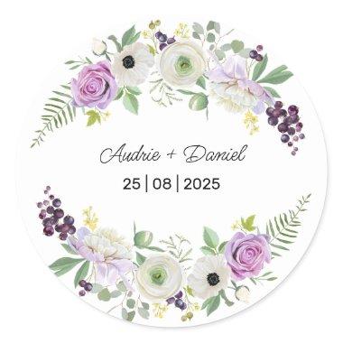 Violet and Green Rustic Flowers Wedding Classic Round Sticker