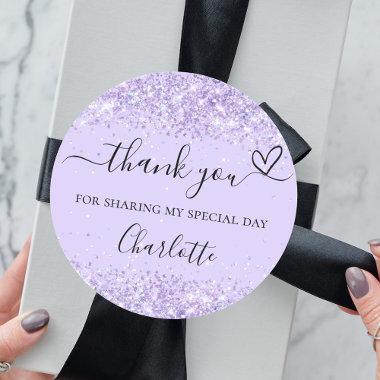 Violet lavender confetti thank you heart classic round sticker