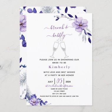 Violet Lavender & Silver Floral Bridal Brunch Invitations