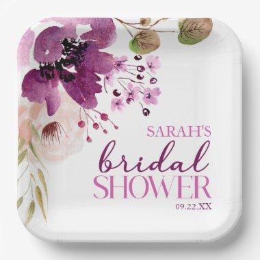 Violet Magenta Purple Floral Bridal Shower Paper Plates