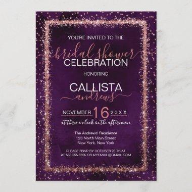 Violet Purple Rose Gold Confetti Bridal Shower Invitations