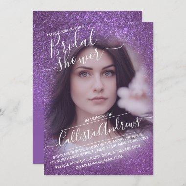 Violet Purple Sparkly Glitter Photo Bridal Shower Invitations