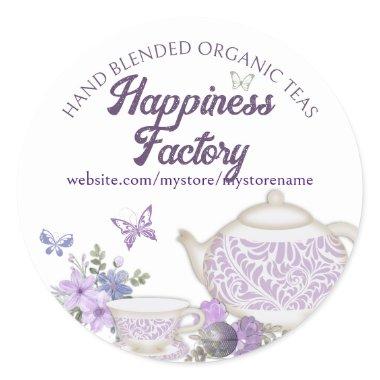 violets tea cup teapot hand blended teas tea party classic round sticker