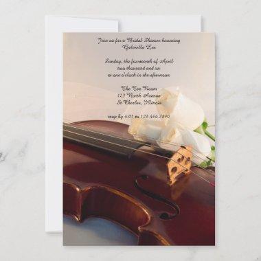 Violin and White Rose Flowers Bridal Shower Invitations