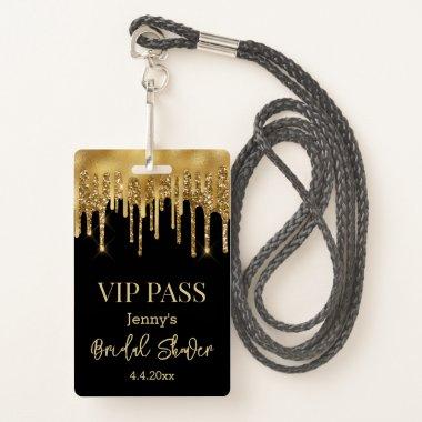 vip pass, black gold dripping glitter badge