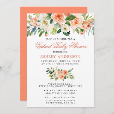 Virtual Baby Shower Watercolor Coral Floral Invitations