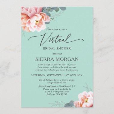Virtual Blush Pink Mint Green Floral Bridal Shower Invitations