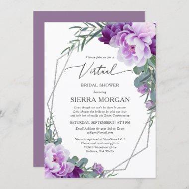 Virtual Elegant Silver Purple Floral Bridal Shower Invitations