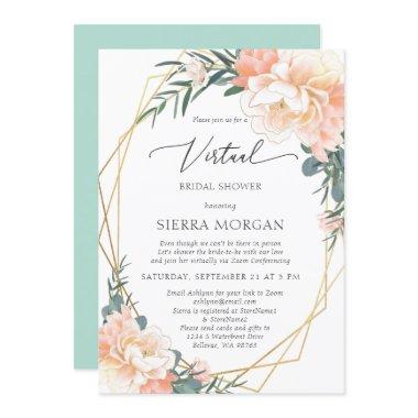 Virtual Peach Floral Gold Mint Green Bridal Shower Invitations