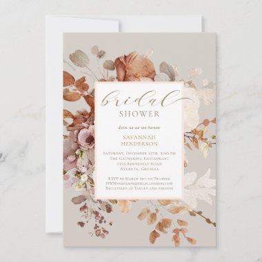 Warm Taupe Terracotta Floral Bridal Shower Invitations