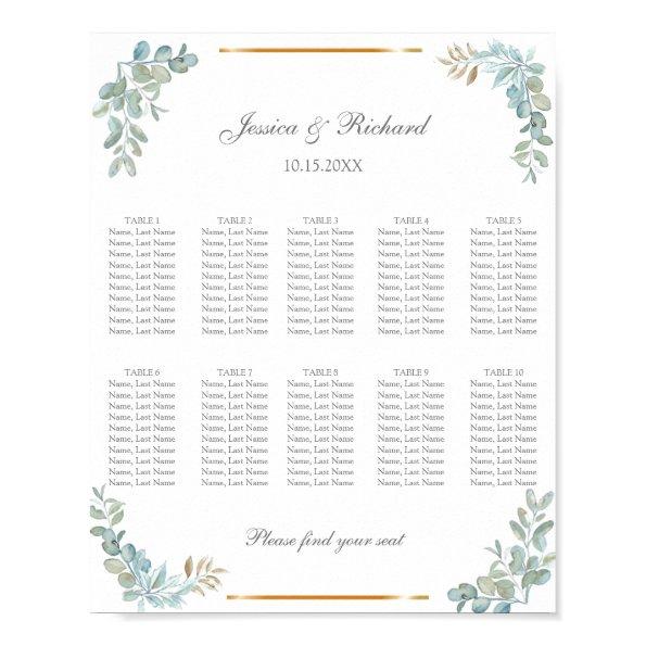 Watercolor 10 Tables Seating Chart Poster Sign
