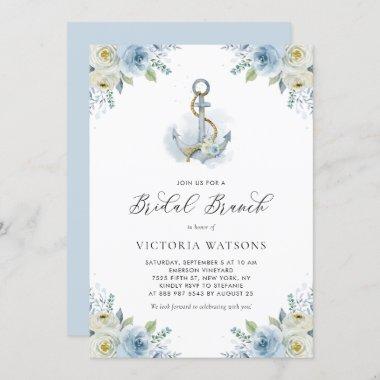 Watercolor Anchor and Blue Flowers Bridal Brunch Invitations