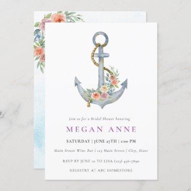 Watercolor Anchor & Flowers Wedding Shower Invite
