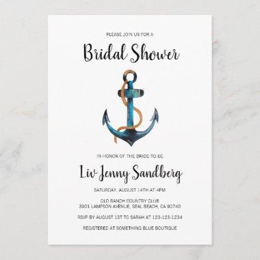 Watercolor Anchor Nautical Bridal Shower Invitations