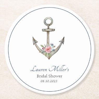 Watercolor anchor Nautical Bridal shower Round Paper Coaster